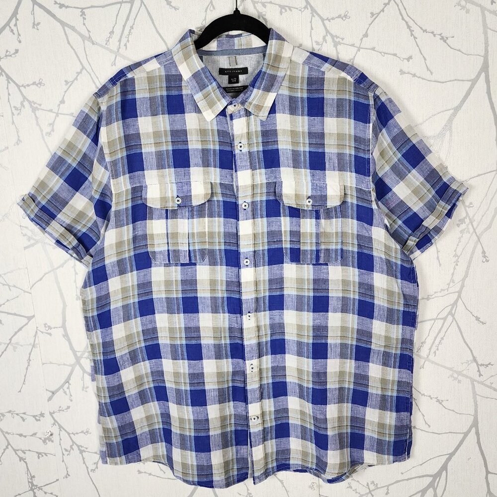 Attitude Blue Plaid Checks 100% Linen Western Short Sleeve Shirt